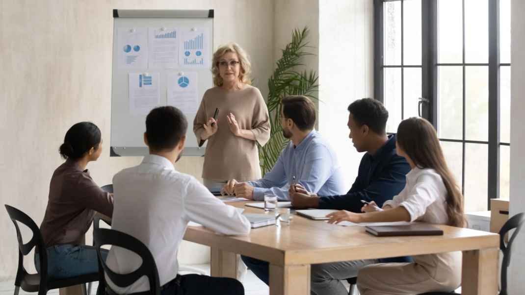 Confident middle aged businesswoman mentor leading corporate meeting